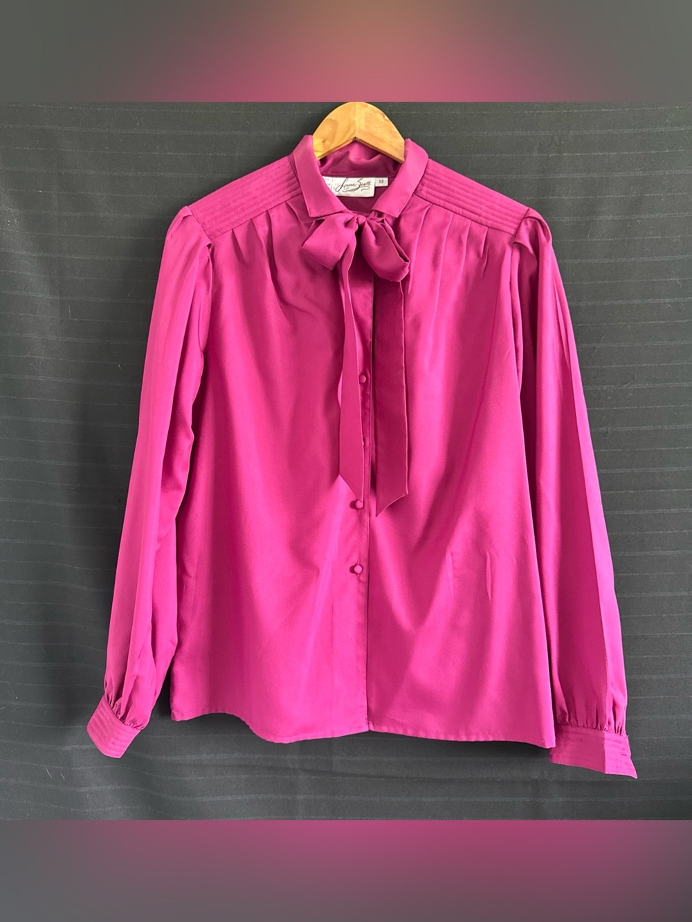 Laura Scott Purple L/S Tie Neck Blouse Top 12 neck Bow Secretary Academia